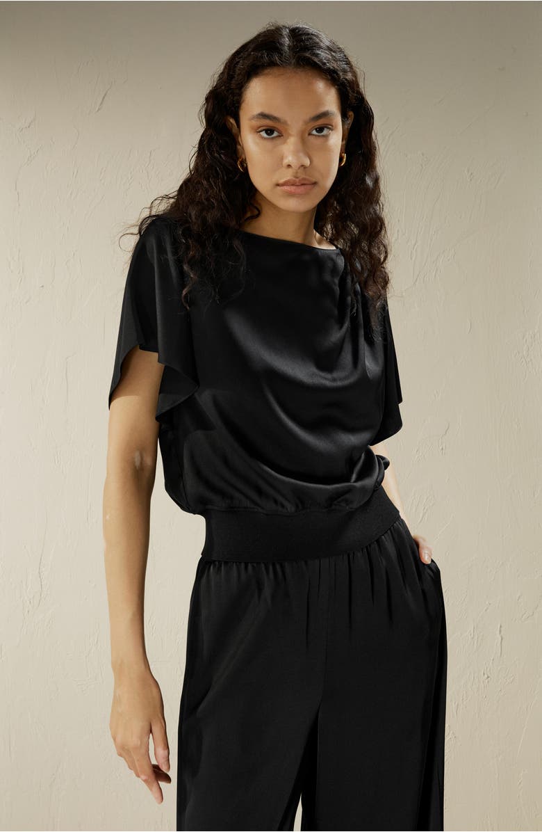 Lilysilk Women's Short Rippled Batwing Sleeves Silk Shirt, Alternate, color, Black