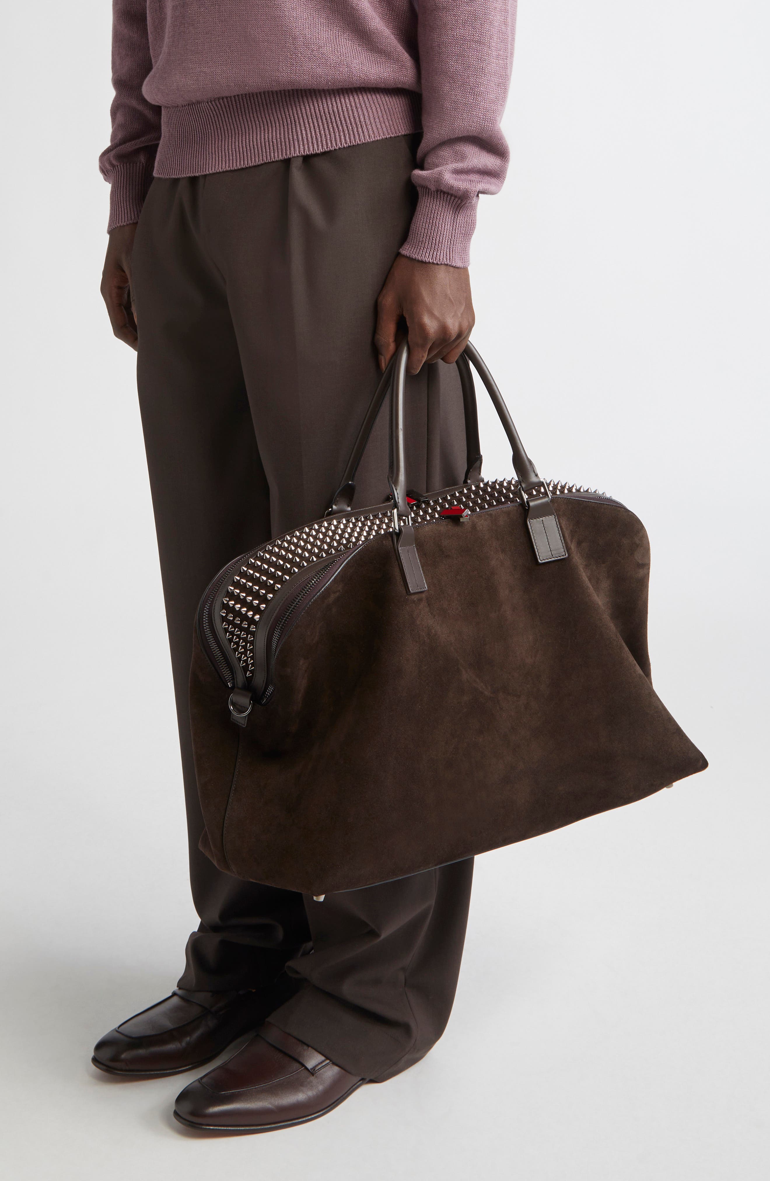 Christian Louboutin Funky Empire Spike Suede Weekend Bag, Alternate, color, Cafe/ Gun Metal