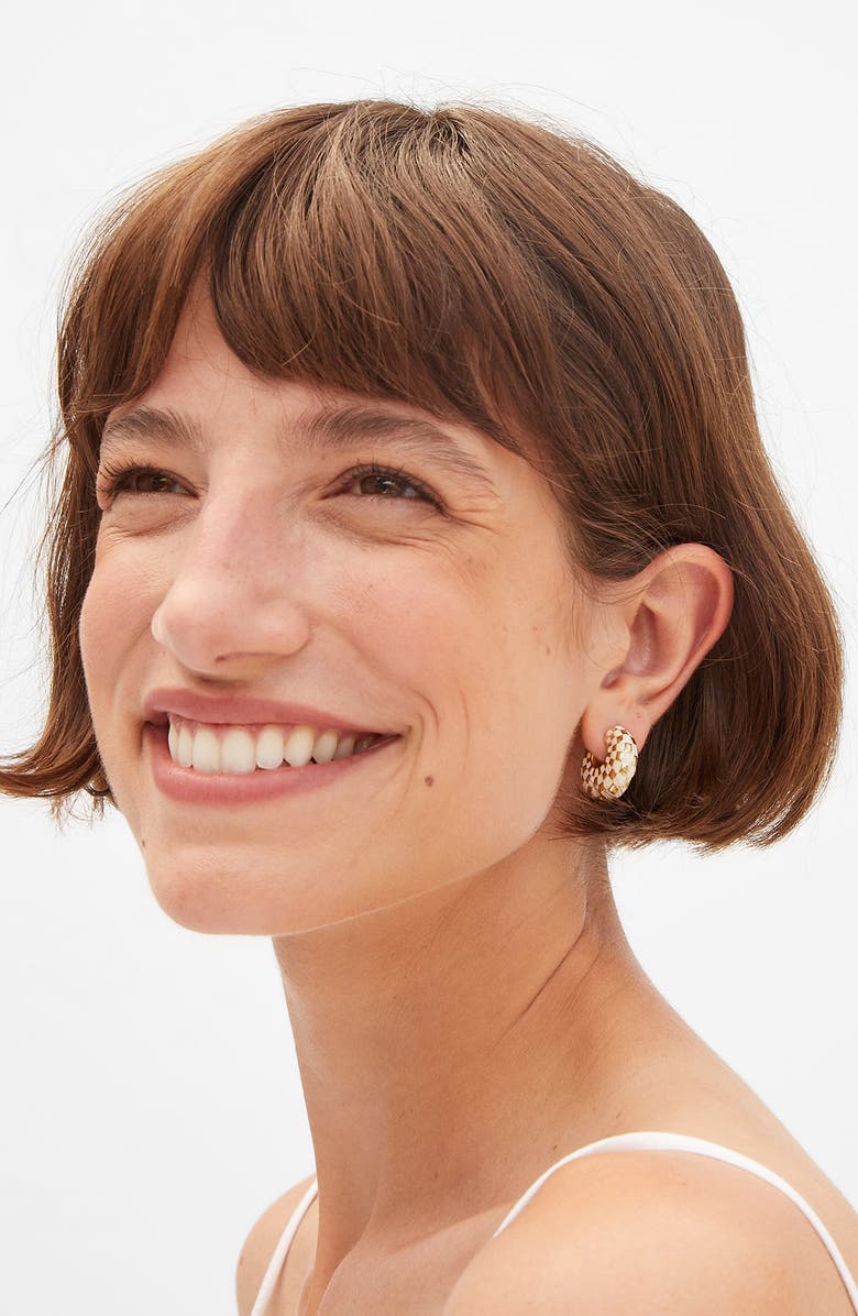 Clare V. Le Checker Hoop Earrings, Alternate, color, Gold Cream