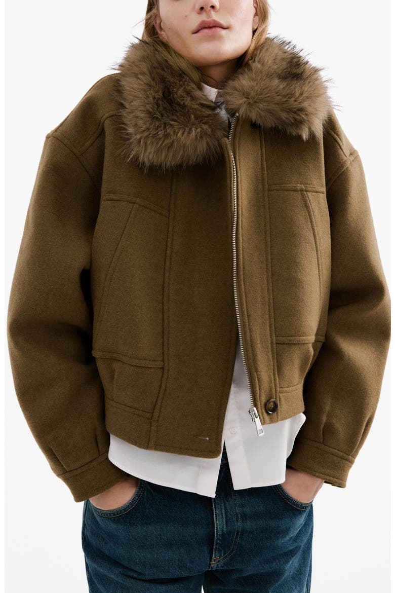 Blouson Jacket with Faux Fur Collar, Main, color, BROWN