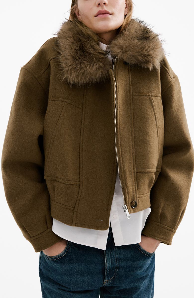 MANGO Blouson Jacket with Faux Fur Collar, Main, color, Brown