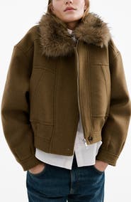 MANGO Blouson Jacket with Faux Fur Collar