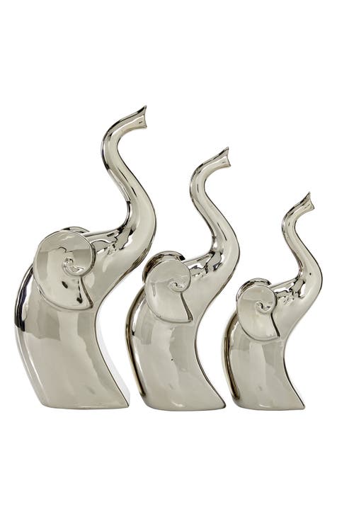 Silver Porcelain Contemporary Elephant Sculpture - Set of 3