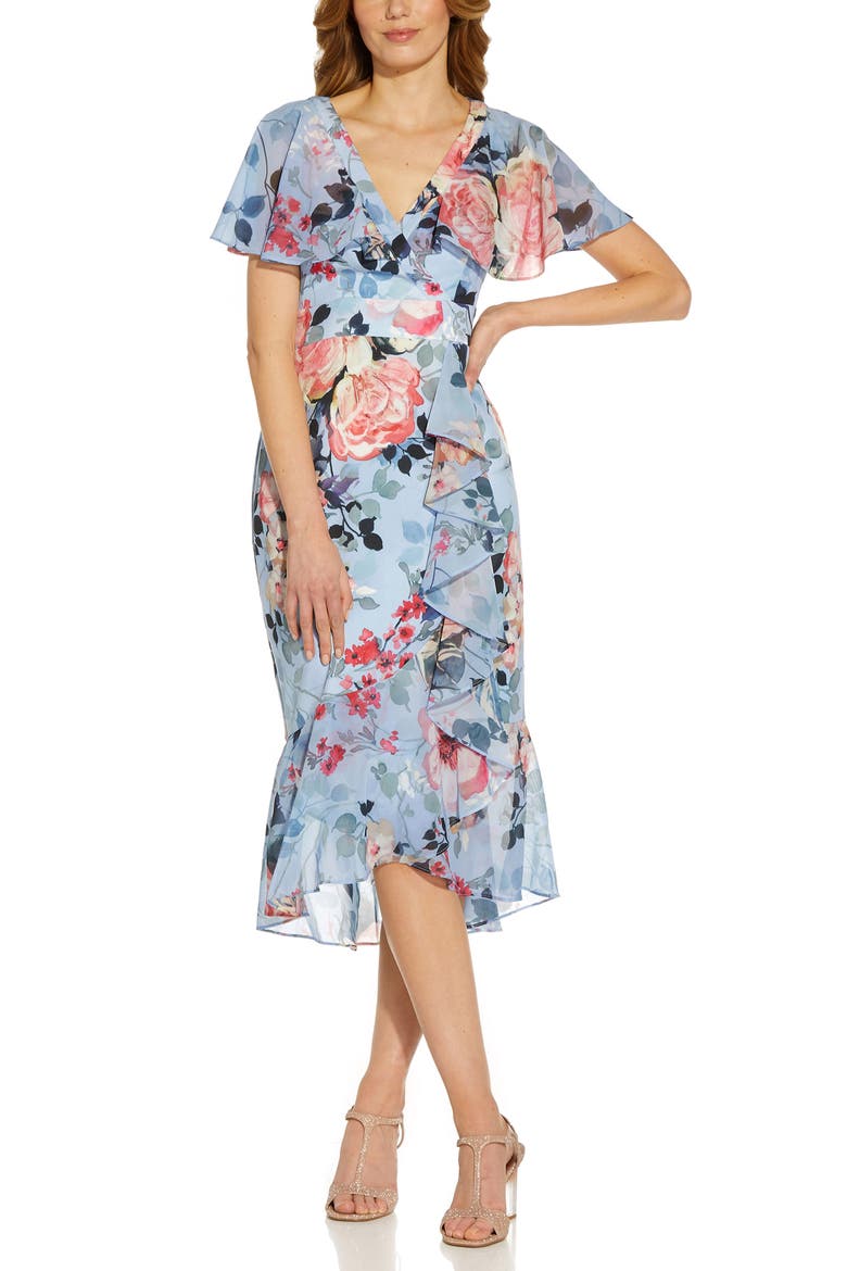 Floral Wrap Front Ruffle Midi Dress, Main, color, BLUE MULTI