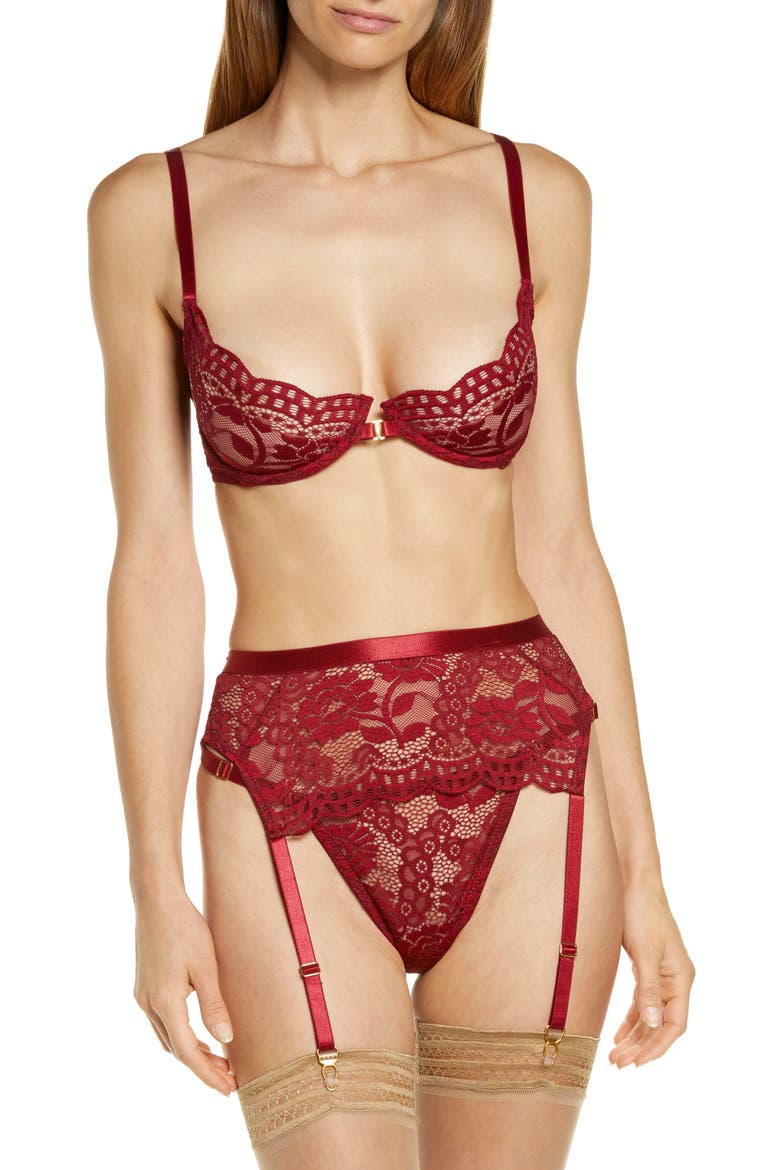 Underwire Bra, Garter Belt & Thong Set, Main, color, RUBY