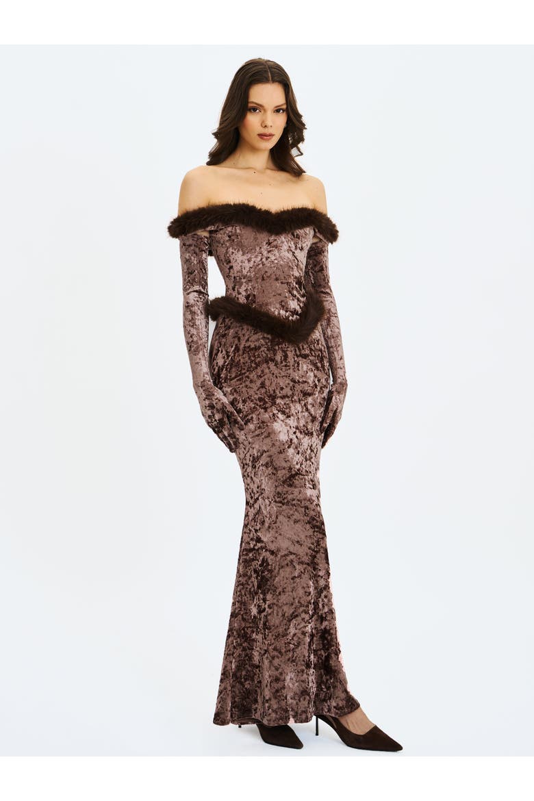 Tessa Sweetheart Bardot Faux Fur Velvet Mermaid Maxi Dress, Alternate, color, Coffee
