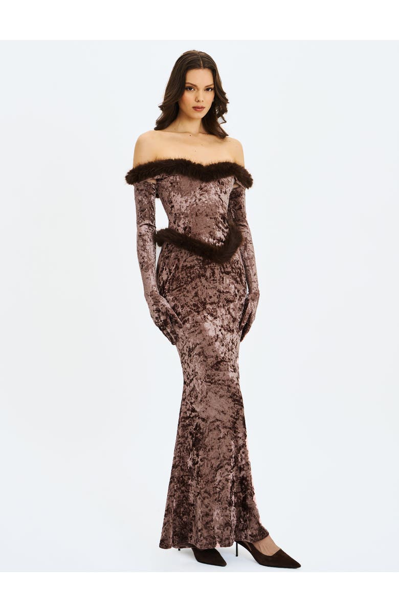 Miss Circle Tessa Sweetheart Bardot Faux Fur Velvet Mermaid Maxi Dress, Alternate, color, Coffee