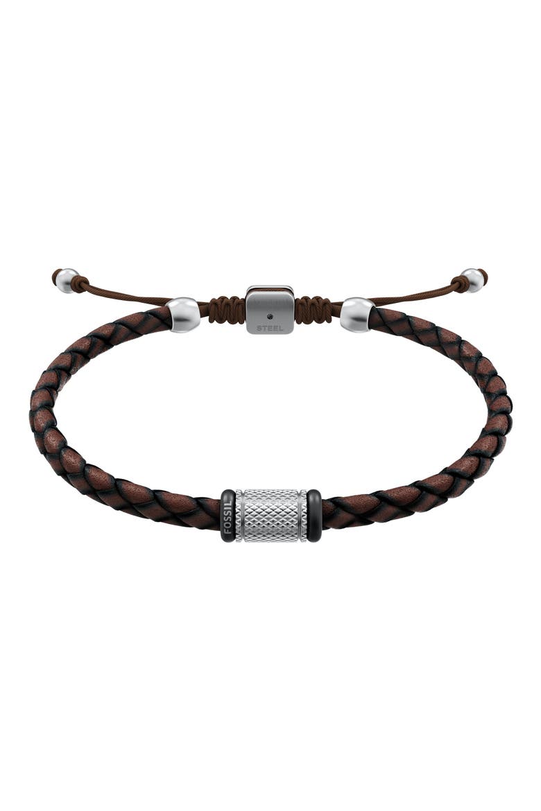 Machine Leather Bracelet, Main, color, BROWN/ SILVER