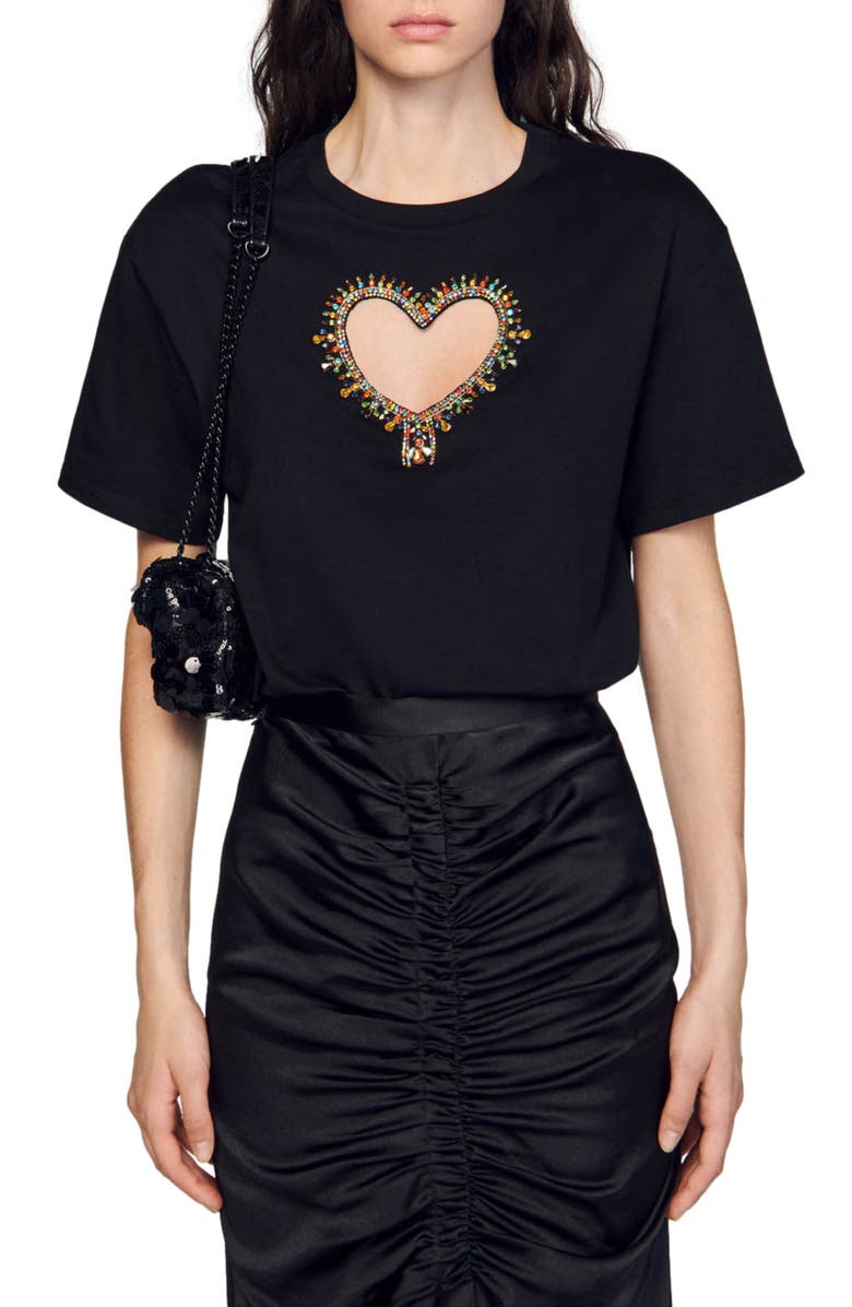 SANDRO Murphy Rhinestone Heart Cutout Top, Alternate, color, 