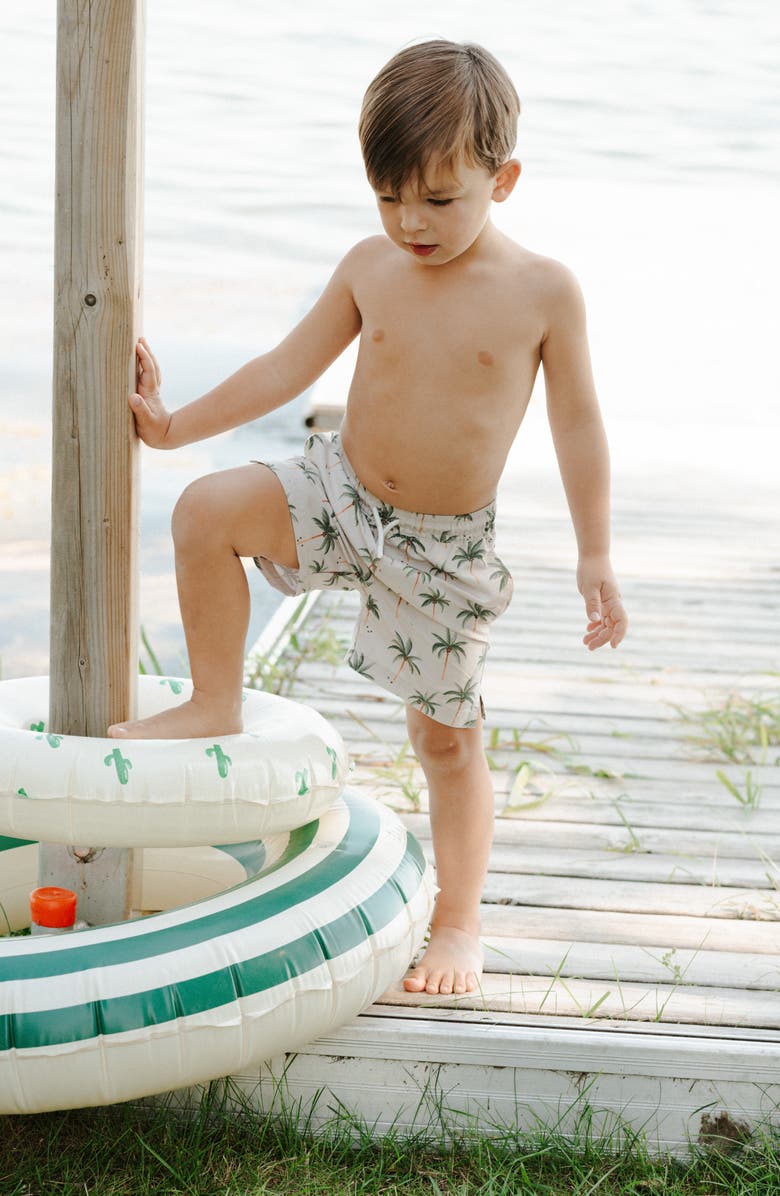 Petit Lem Kids' Palm Tree Print Swim Trunks, Alternate, color, Light Green