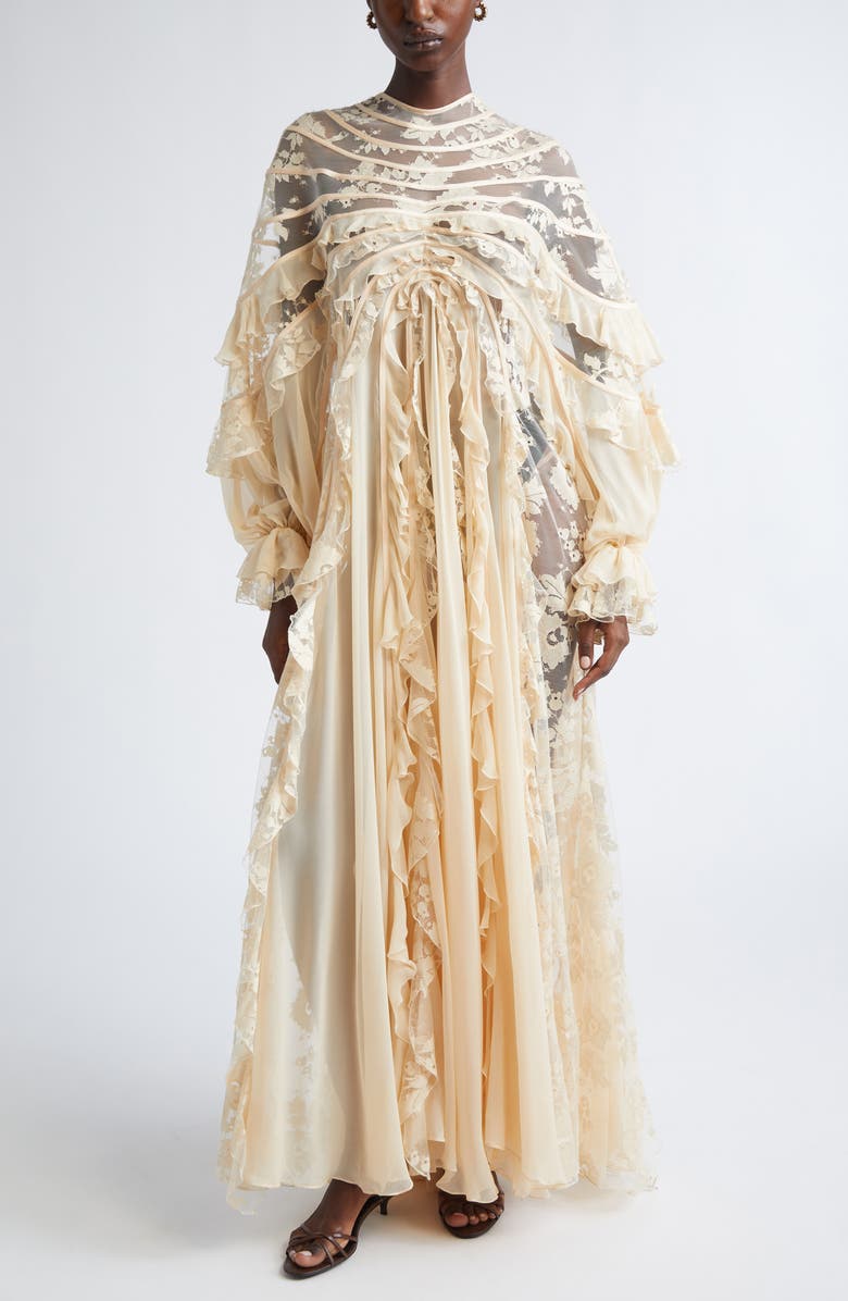 Zimmermann Rebellion Splice Long Sleeve Lace Ruffle Silk Maxi Dress, Main, color, Cream
