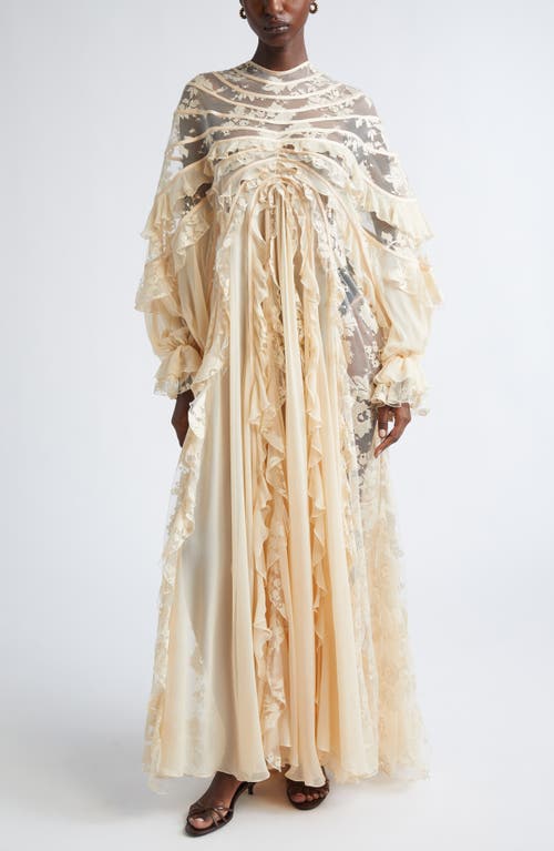 Zimmermann Rebellion Splice Long Sleeve Lace Ruffle Silk Maxi Dress In White