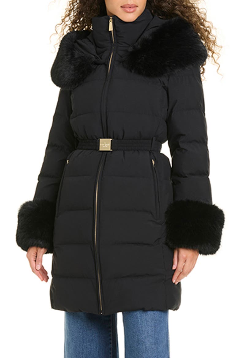 Belted Puffer Coat with Removable Faux Fur Trim, Main, color, BLACK