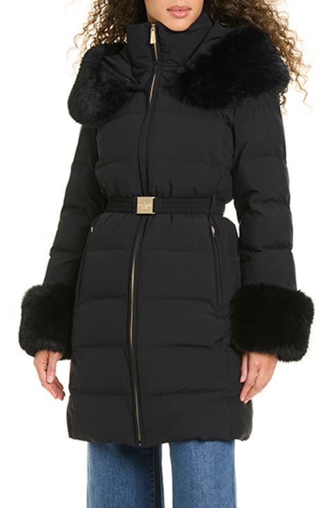 Belted Puffer Coat with Removable Faux Fur Trim