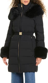Kate Spade Belted Puffer Coat with Removable Faux Fur Trim