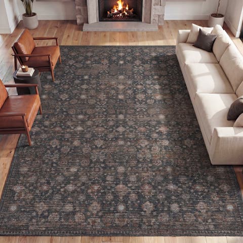 Petunia Distressed All-Over Floral Border Non-Slip Machine-Washable Rug