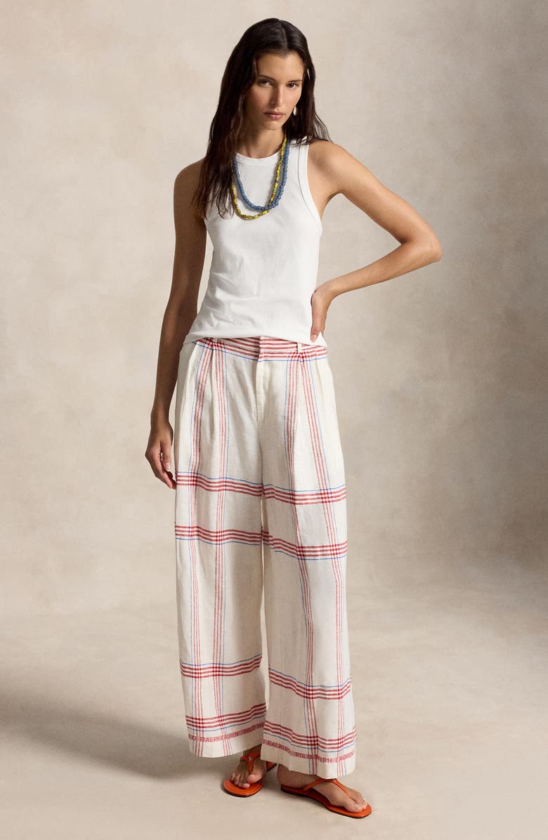 Polo Ralph Lauren Plaid Linen Crop Wide Leg Pants, Alternate, color, Cream-Red Multi