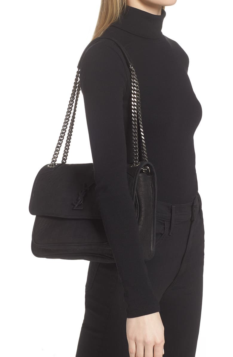 Saint Laurent Medium Niki Croc-Embossed Shoulder Bag, Alternate, color,