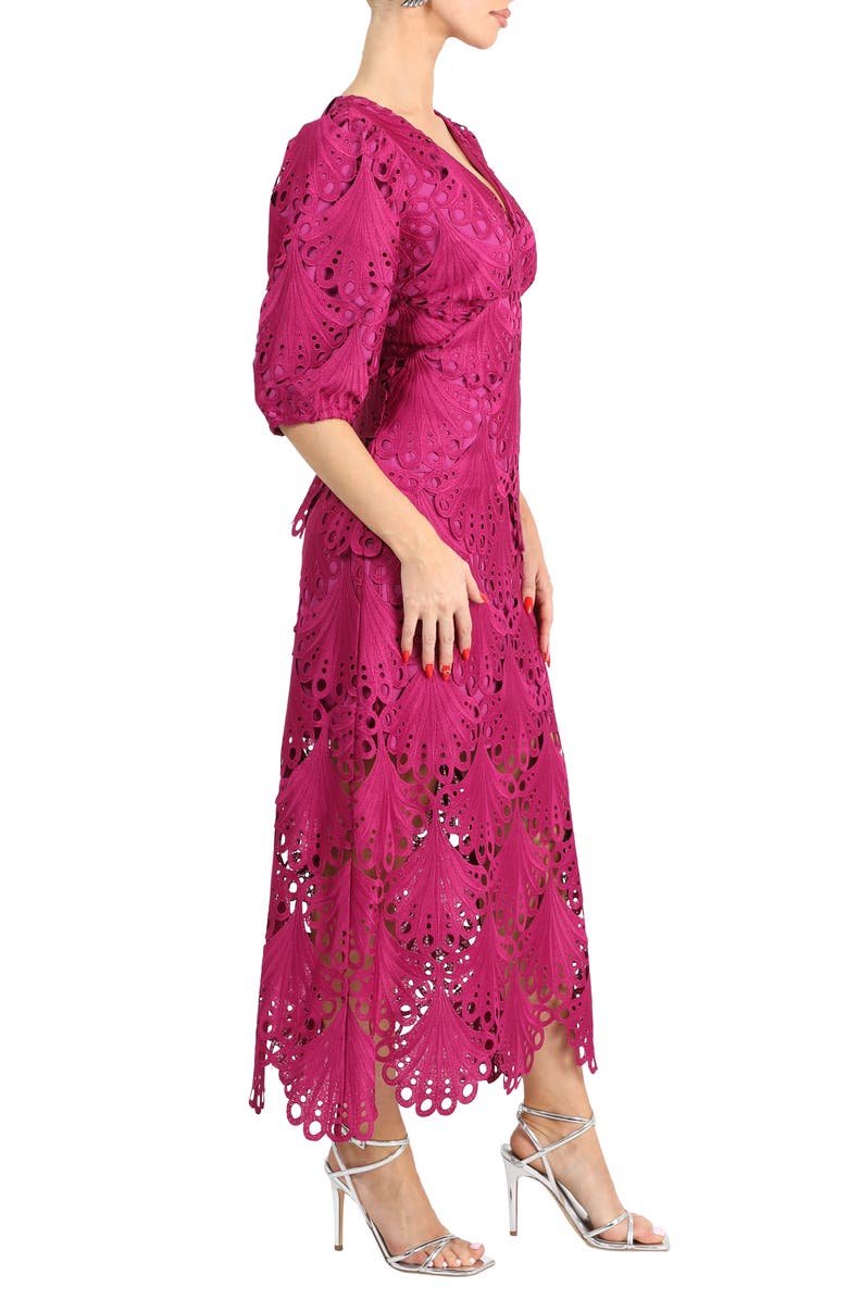 Adelyn Rae Kinsley Puff Sleeve Lace Midi Dress, Alternate, color, Berry