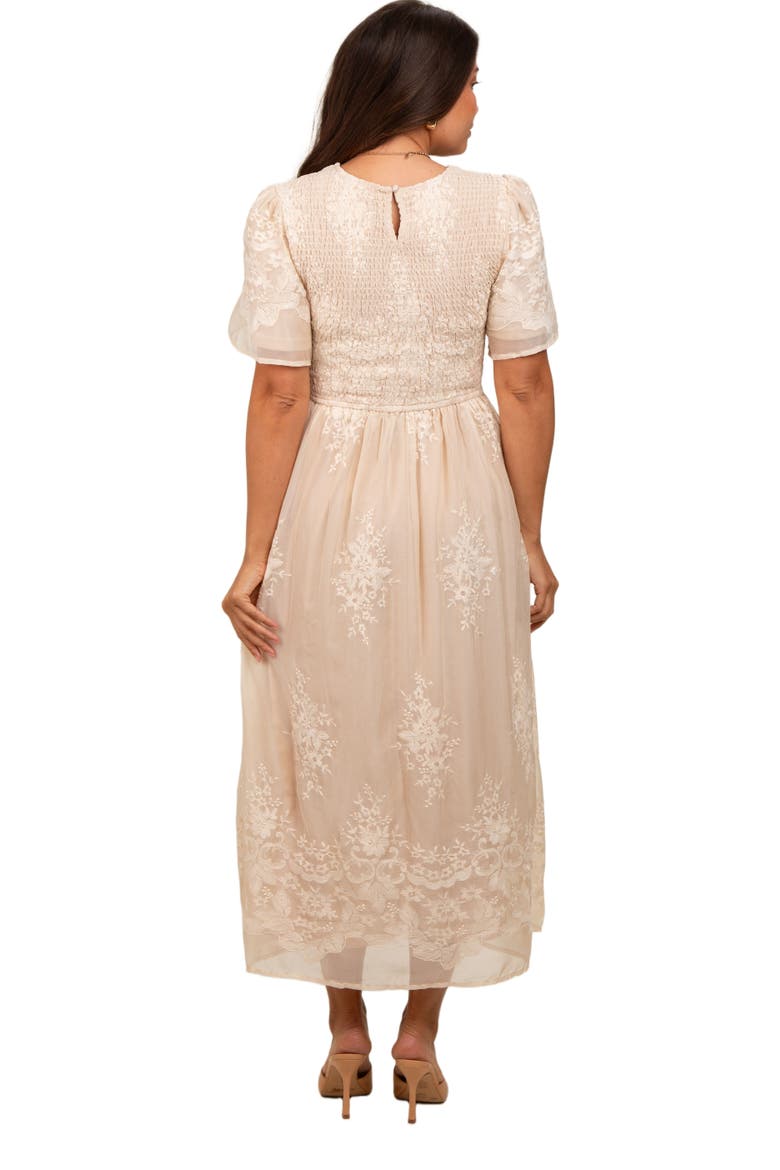 Embroidered Smocked Midi Dress, Alternate, color, Cream