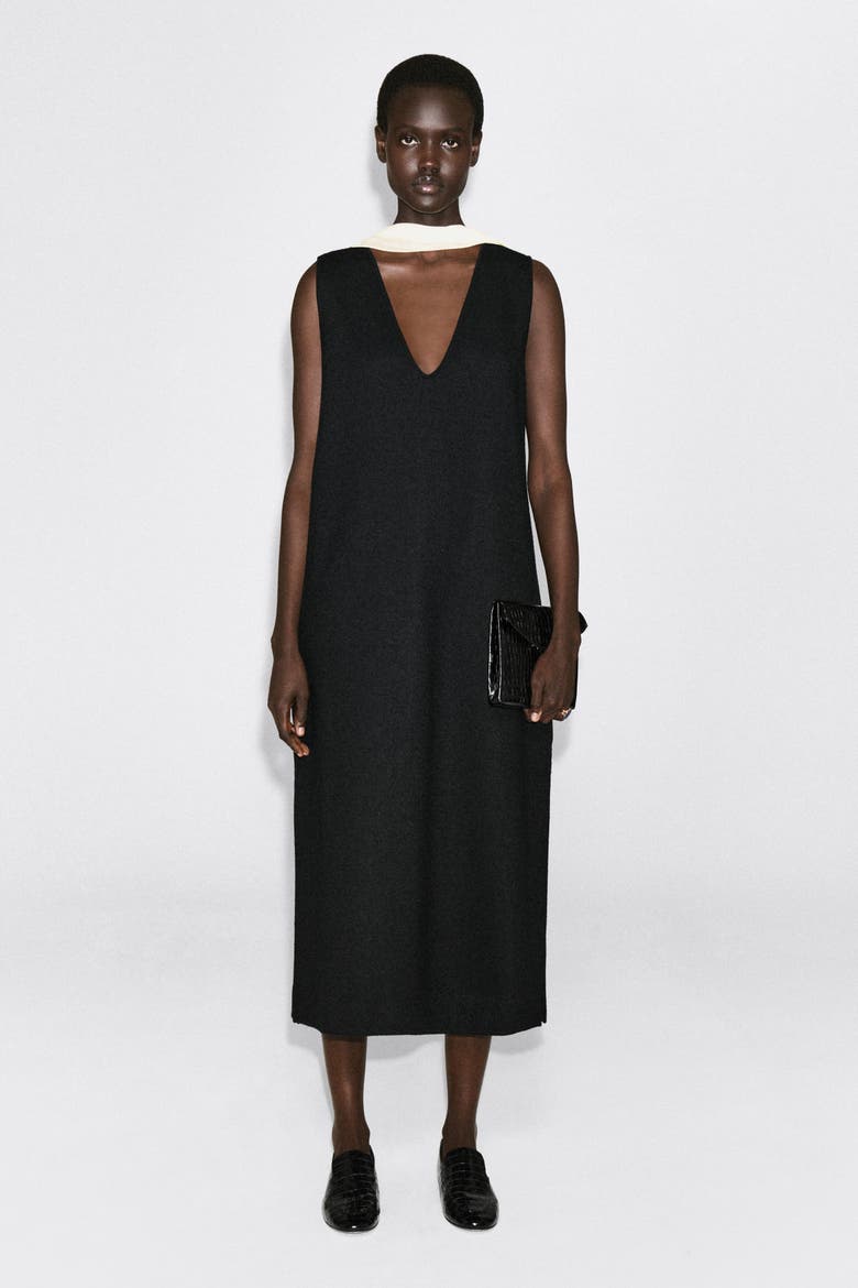 Boiled Wool-Blend V-Neck Midi Dress, Alternate, color, BLACK