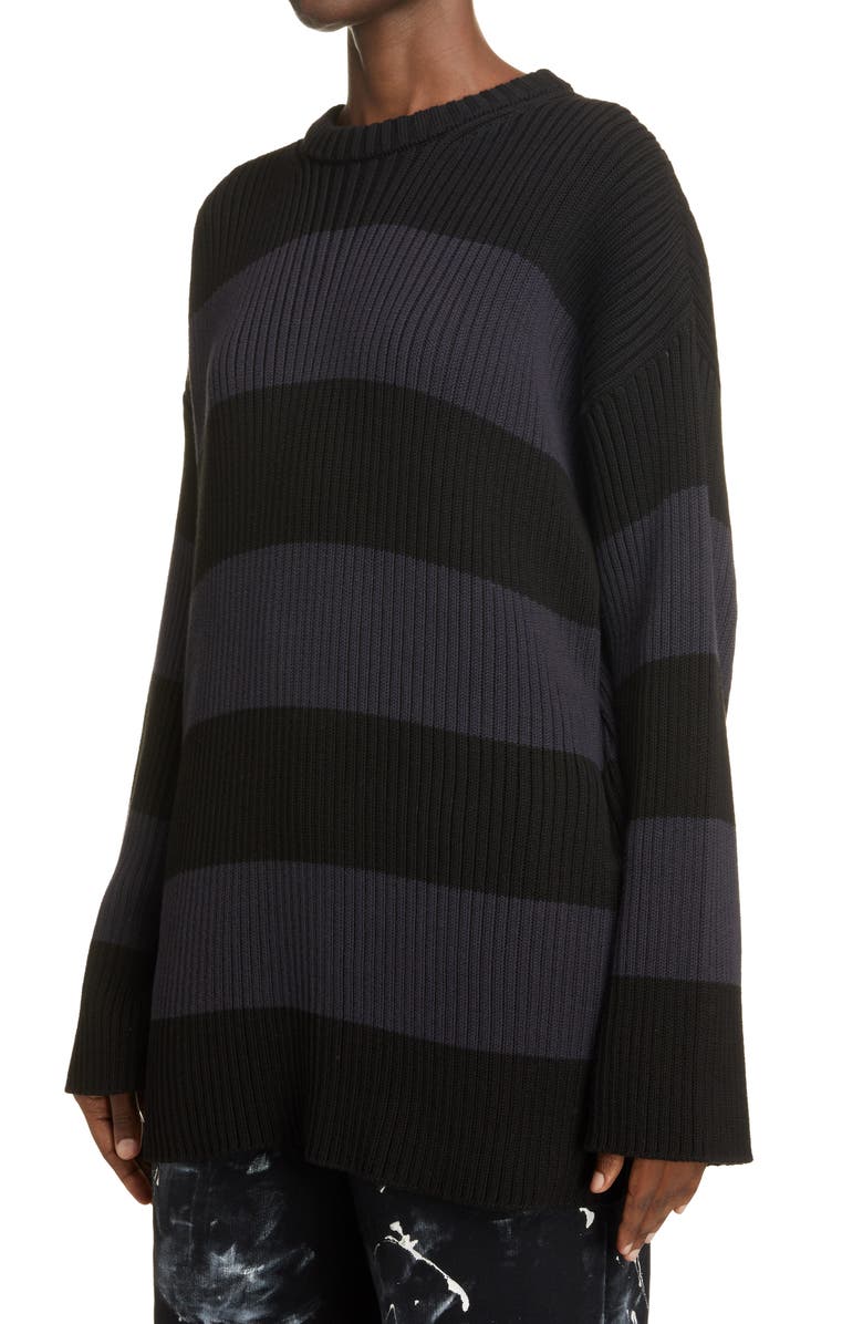 Balenciaga Stripe Logo Oversize Rib Cotton Sweater, Alternate, color, Ink/ Black