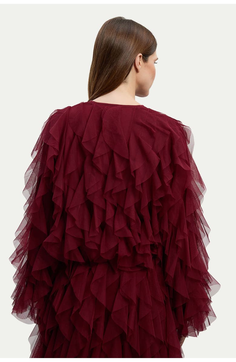 Karen Millen Tulle Ruffle Detail Woven Jacket, Alternate, color, Cabernet