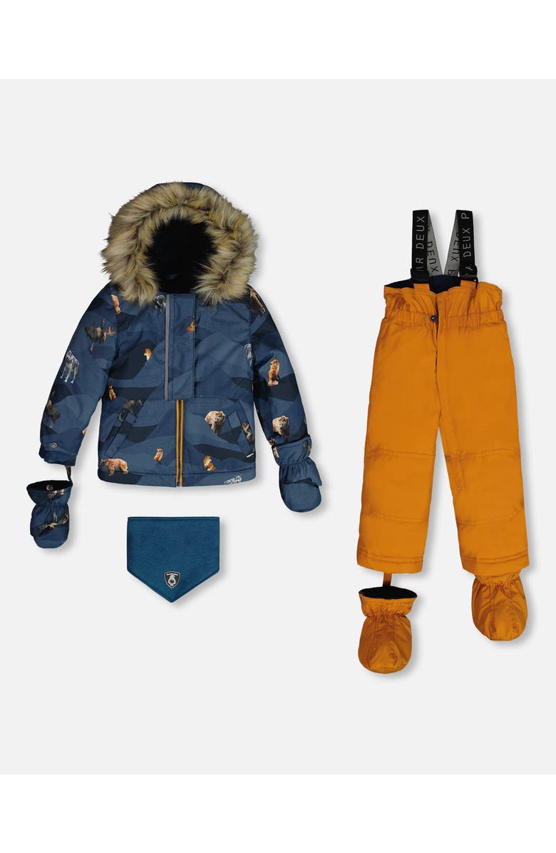Deux par Deux Baby Boy's Two Piece Baby Snowsuit Ochre And Navy Printed Mountains Animals, Main, color, 
