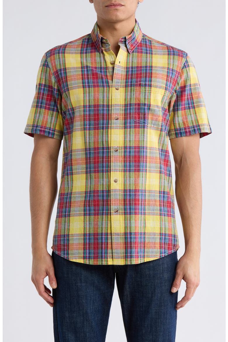 Madras Short Sleeve Button-Down Shirt, Main, color, RED PLAID