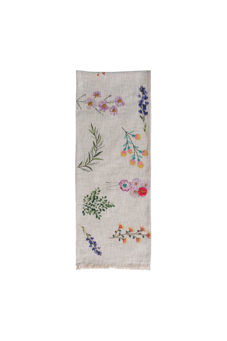 Long Slub Printed Rectangle Table Runner with Flowers, Embroidery and Fringe, Multicolor, Alternate, color, White