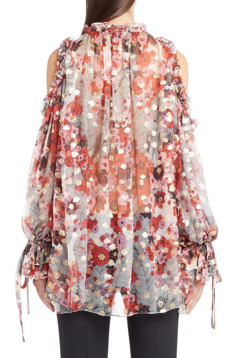 McQueen Alexander McQueen Feather Print Cold Shoulder Blouse, Alternate, color,