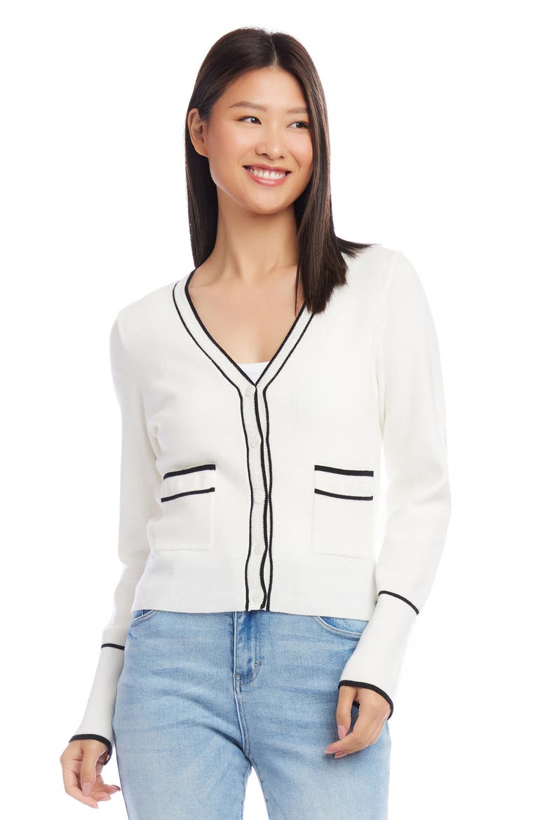Contrast Trim Cardigan, Alternate, color, WHITE/ BLACK