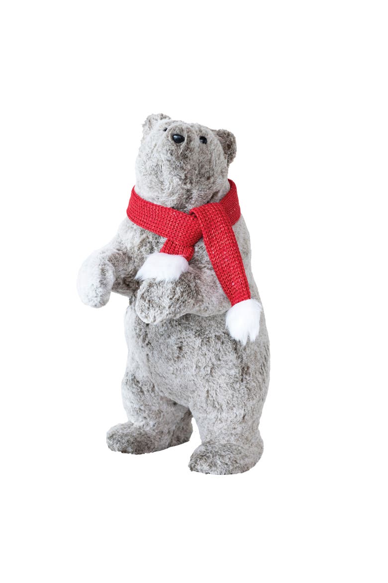 Faux Fur Standing Bear with Scarf, Grey, Red, & White, Main, color, Grey & Red