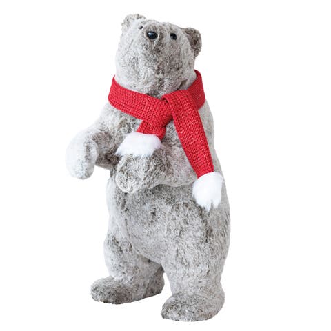 Faux Fur Standing Bear with Scarf, Grey, Red, & White
