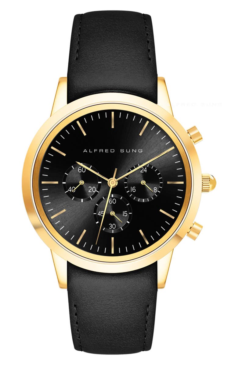 Alfred Sung Chronograph Leather Strap Watch, 42mm, Main, color, 