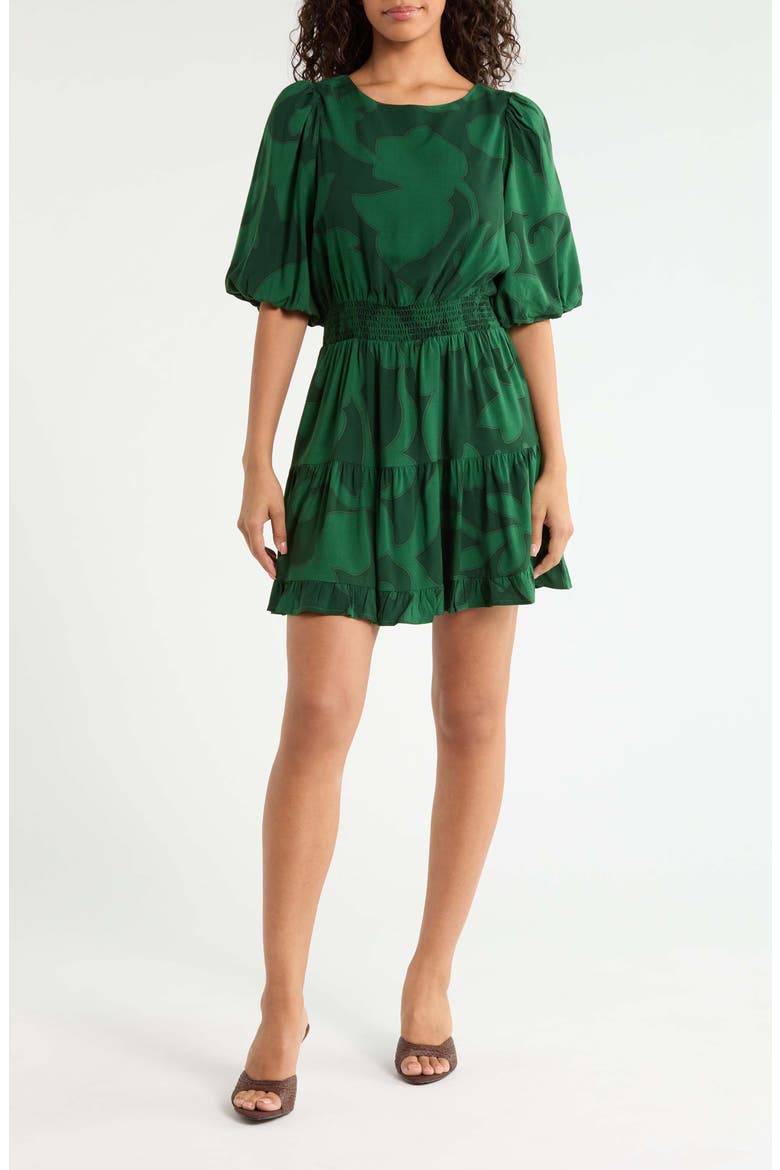 Benti Floral Print Smocked Waist Dress, Main, color, EMERALD