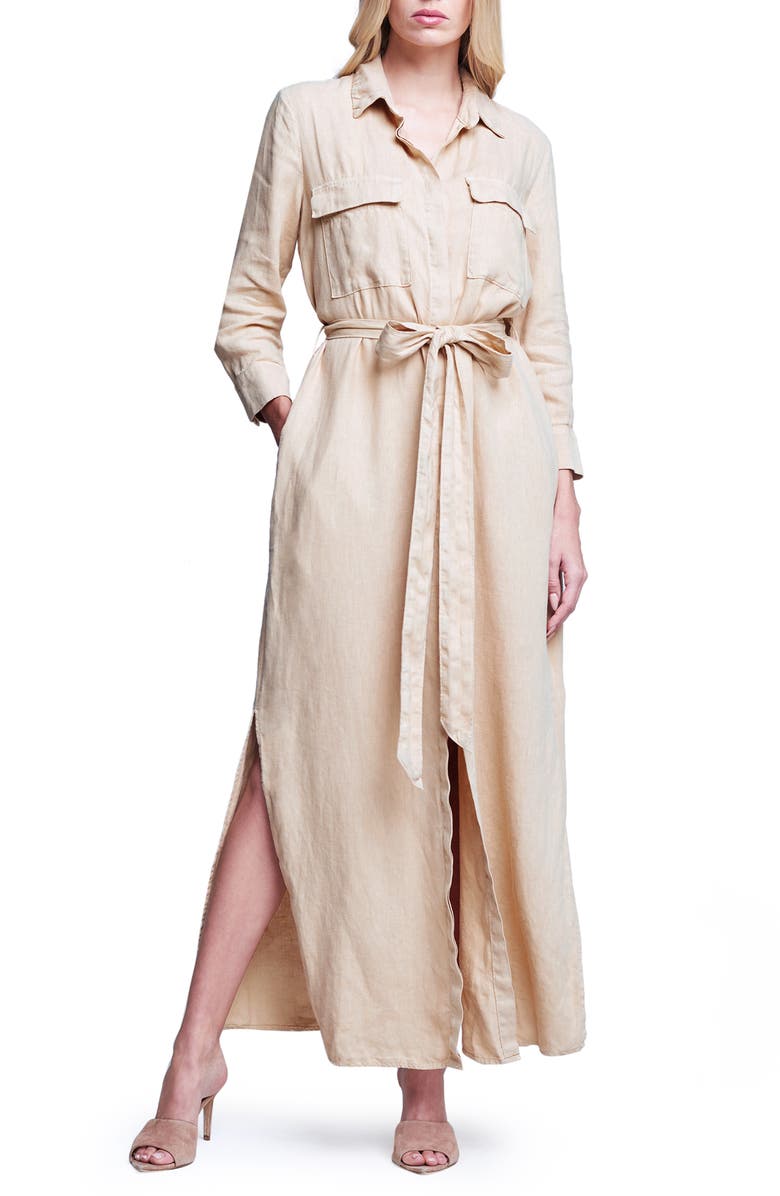 L'AGENCE Cameron Long Sleeve Linen Maxi Shirtdress, Main, color,