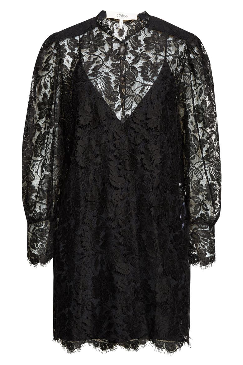 Long Sleeve Lace Minidress, Alternate, color, BLACK
