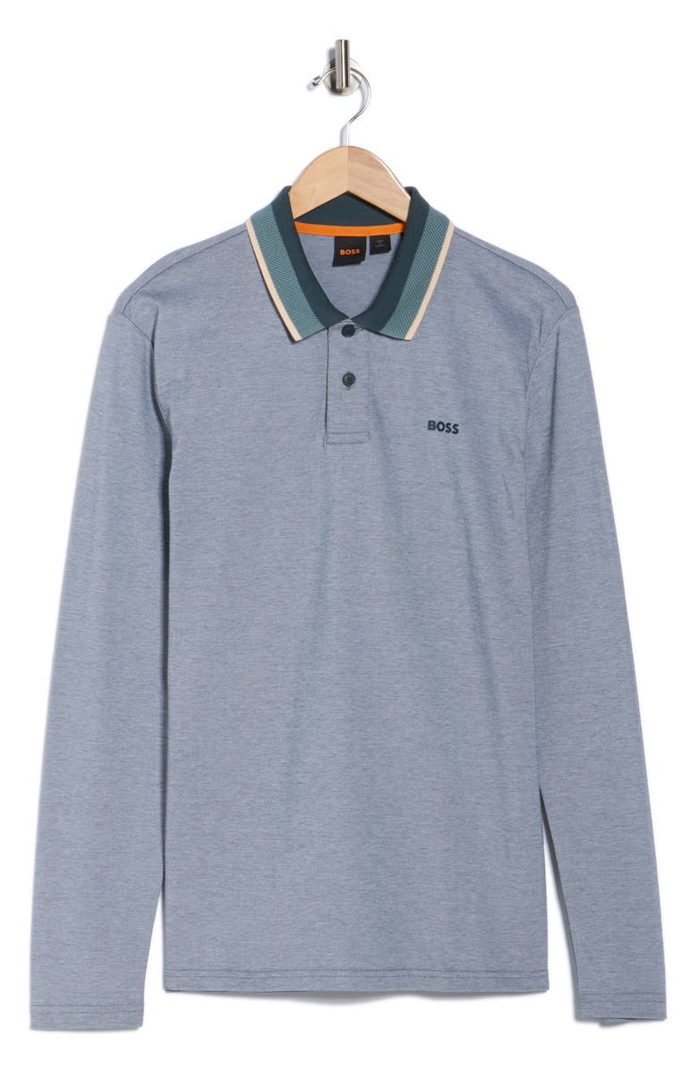 BOSS Stripe Collar Long Sleeve Cotton Piqué Polo, Alternate, color, Open Green
