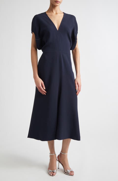 Blouson Detail Stretch Crepe Midi Dress