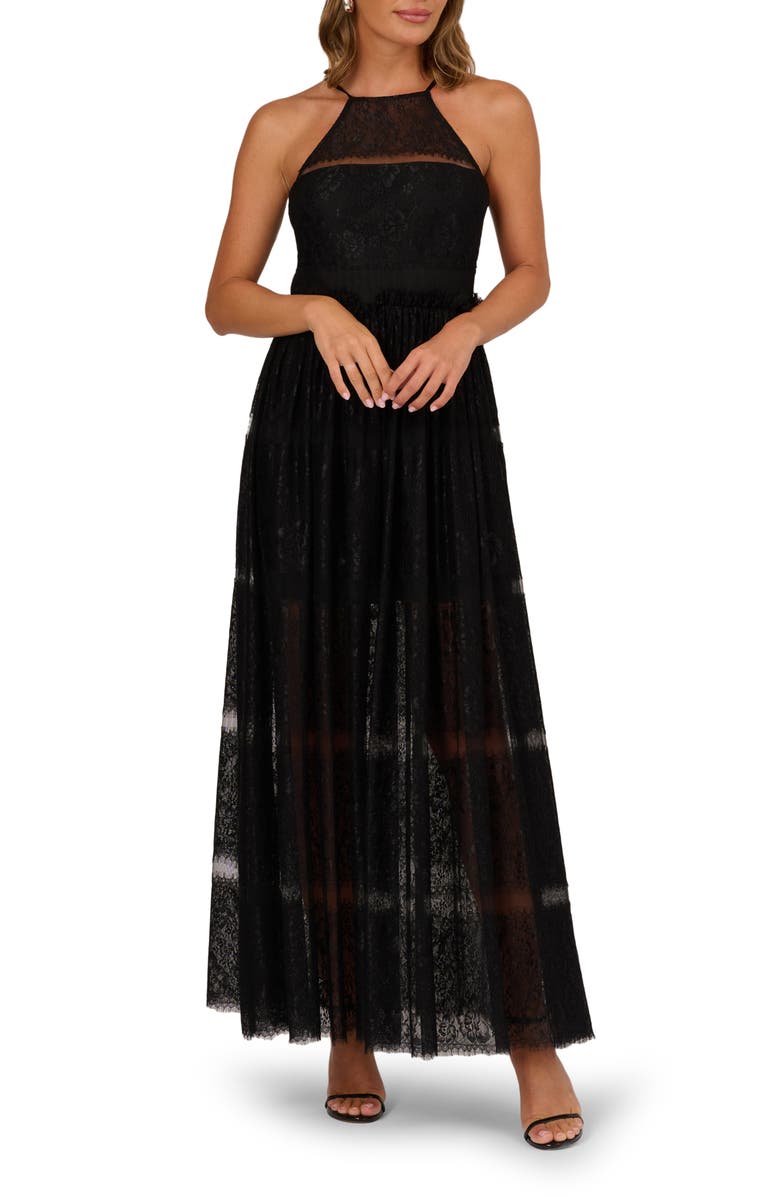 Adrianna Papell Mixed Lace A-Line Gown, Main, color, Black