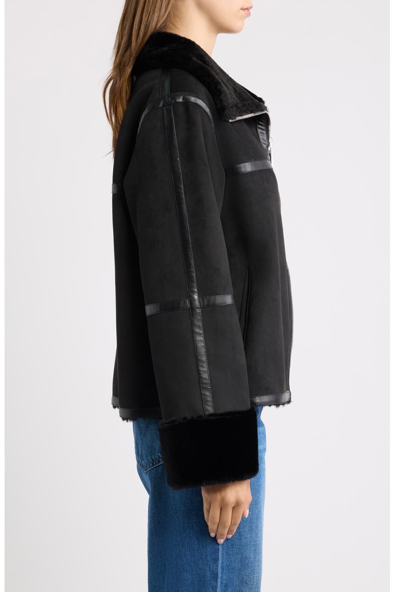 Faux Fur Trim Oversized Faux Suede Jacket, Alternate, color, BLACK