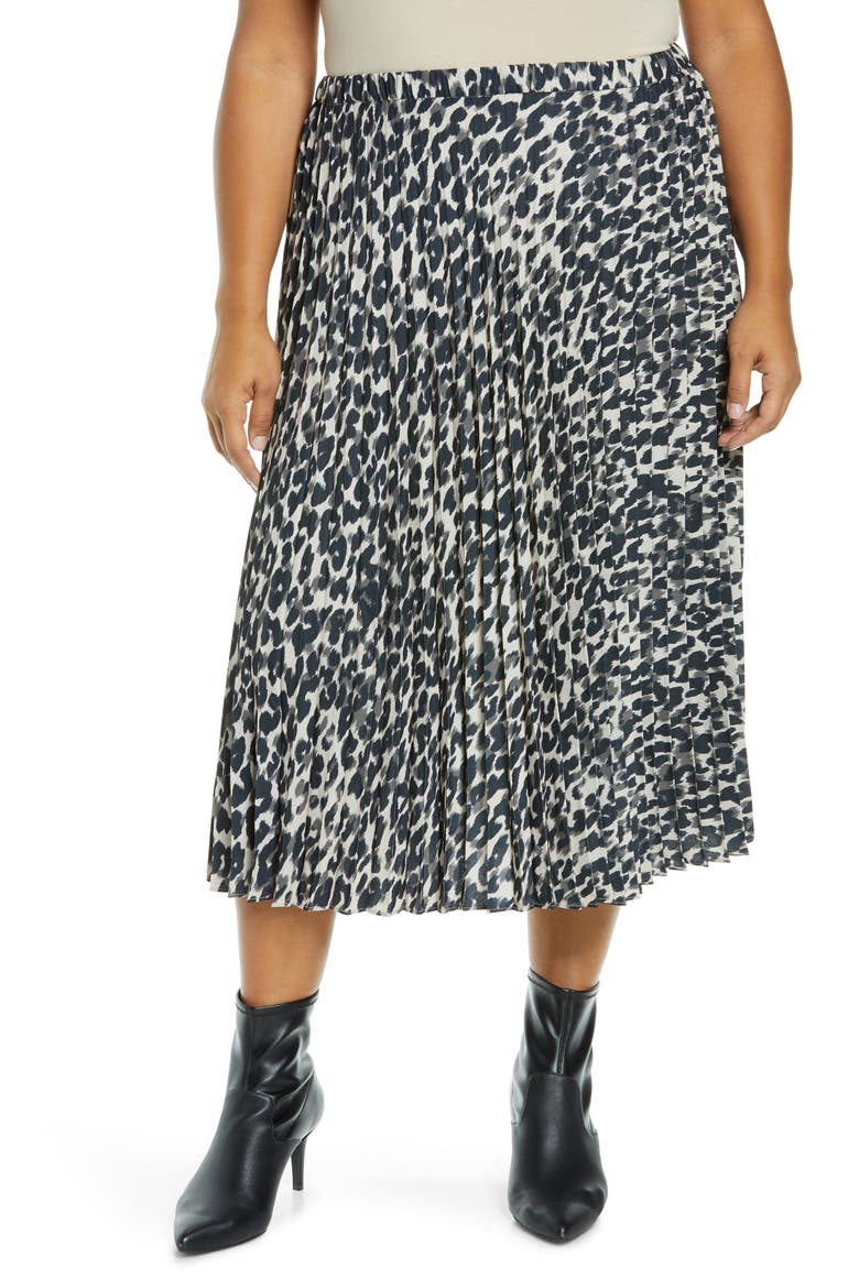 Pleated Midi Skirt, Main, color, BEIGE ANIMALIA PRINT