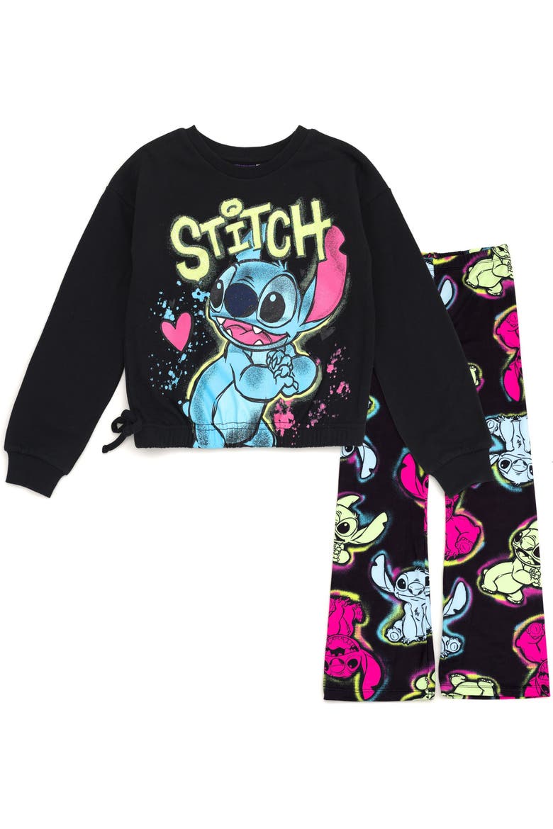 Lilo & Stitch Fleece Cropped Sweatshirt and Flare Leggings Set, Main, color, Black Neon Stitch