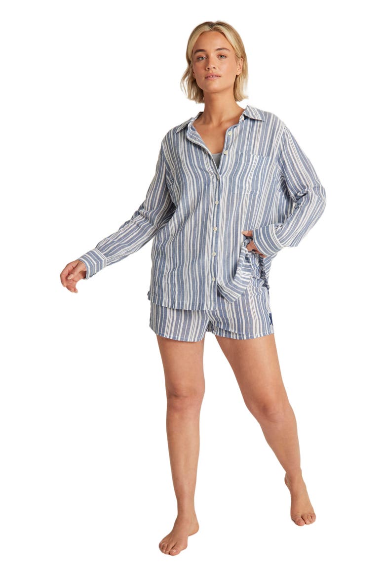 The Relaxed Button Up Midi Shirt, Alternate, color, Navy Blue Stripe
