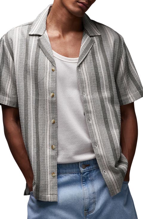 Reverse Stripe Textured Cotton Blend Camp Shirt