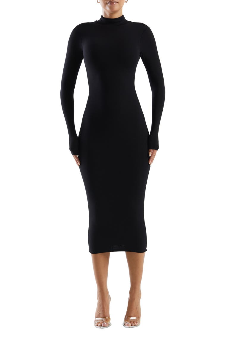 The Mock Neck Long Sleeve Body-Con Midi Dress, Main, color, BLACK