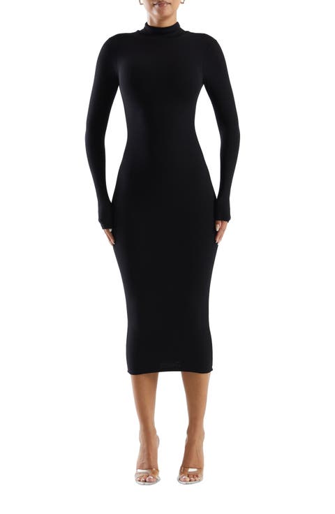 The Mock Neck Long Sleeve Body-Con Midi Dress