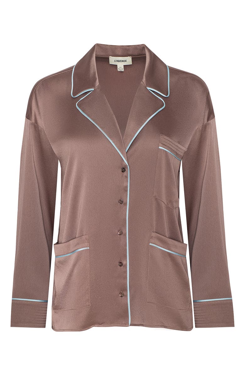 L'AGENCE Mara Satin Button-Up Shirt, Alternate, color, Mocha Tan/ Cool Blue