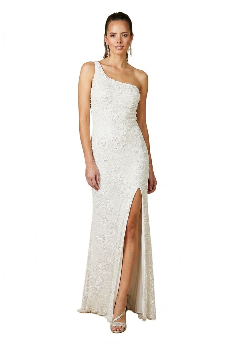 Fleur One Shoulder Floral Beaded Wedding Gown, Alternate, color, Ivory
